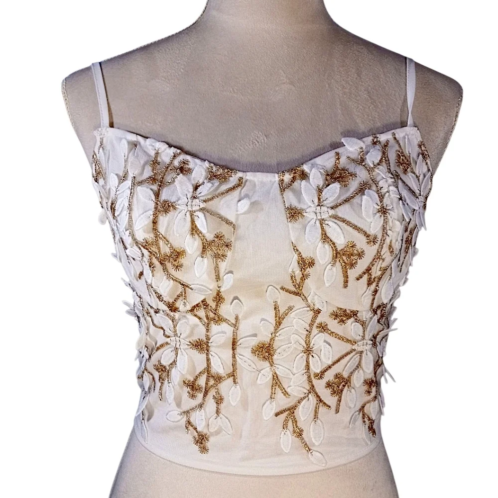 Corset Bustier Top Gold & White Floral Applique Zip Back, Adjustable Straps - Picture 1 of 7